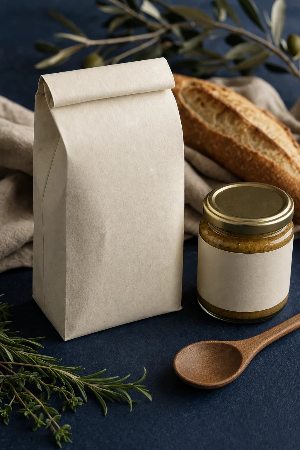 Unbranded French food parcel and jar styled with herbs, bread, and linen
