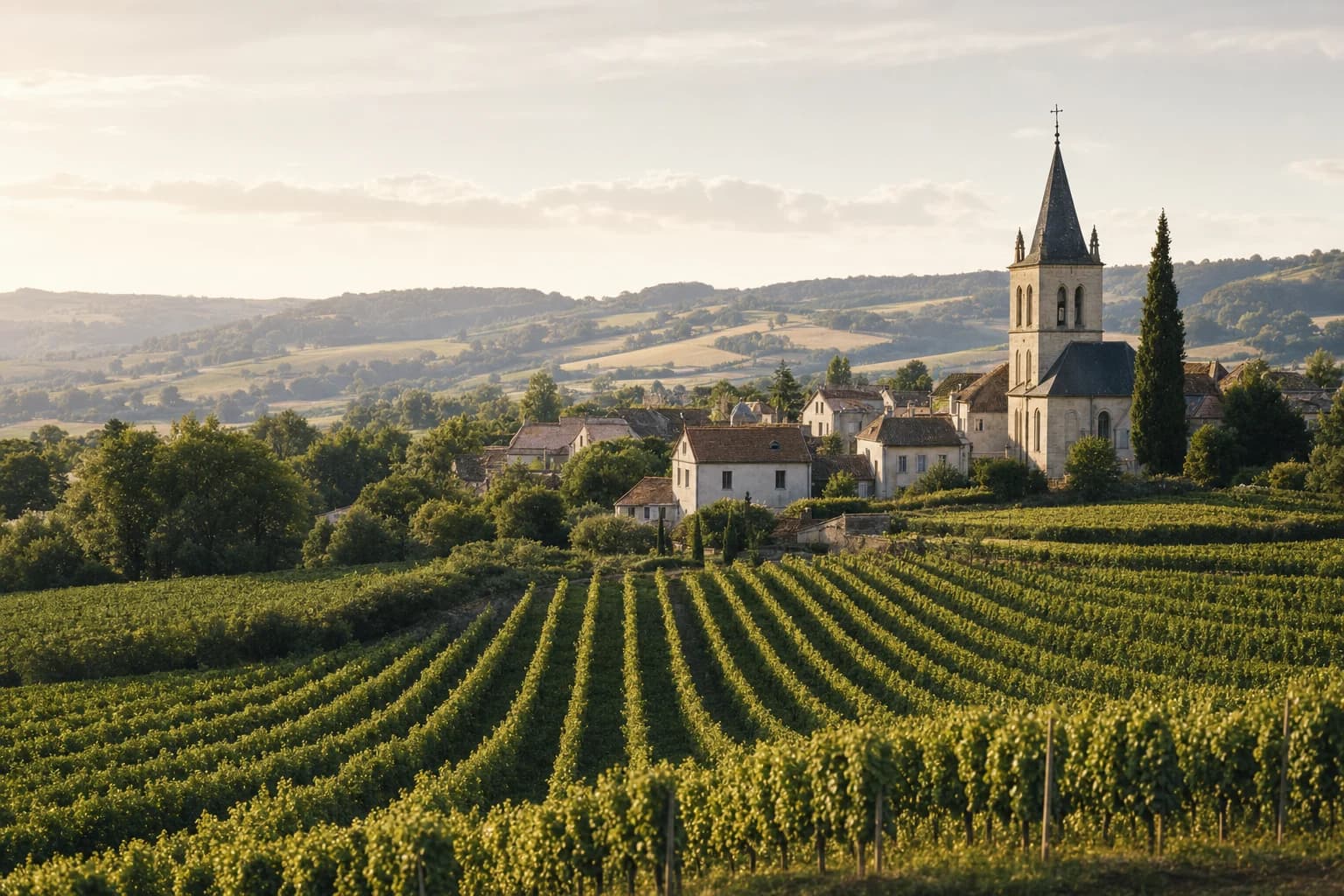 Sunlit vineyards and a stone village in the French countryside